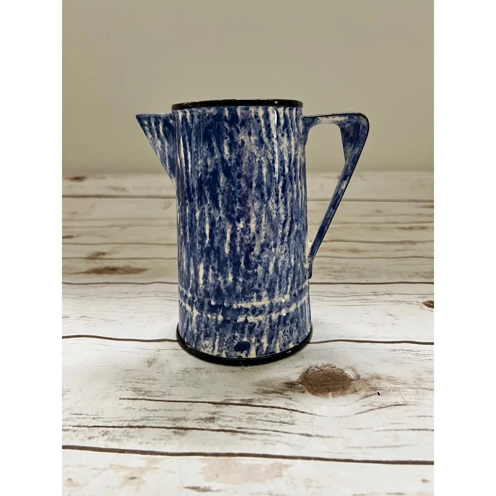 Schmid Design Folio Pitcher Blue White Spongeware Ceramic Farmhouse 7.25in